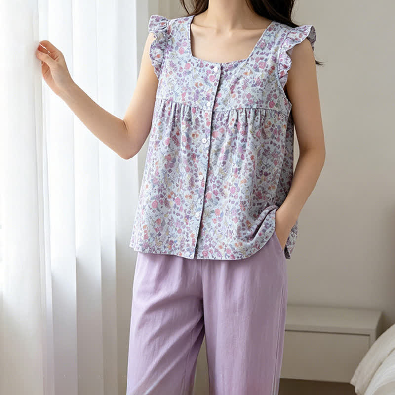 Ensemble de vêtements d'intérieur en gaze de coton à motifs floraux et à volants - image 1