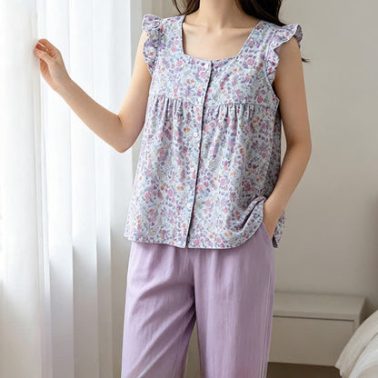 Ensemble de vêtements d'intérieur en gaze de coton à motifs floraux et à volants - image 1