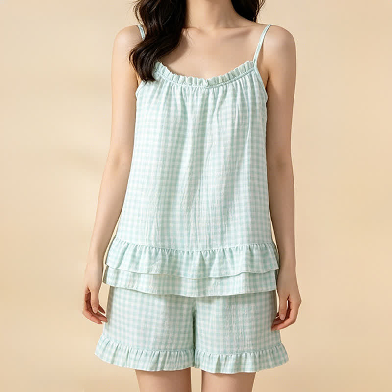 Ensemble de vêtements d'intérieur en coton doux à carreaux vichy et à volants - image 8