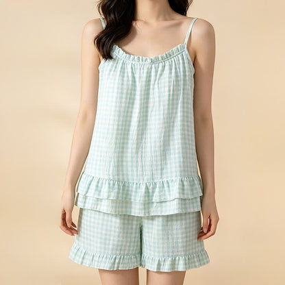 Ensemble de vêtements d'intérieur en coton doux à carreaux vichy et à volants - image 8