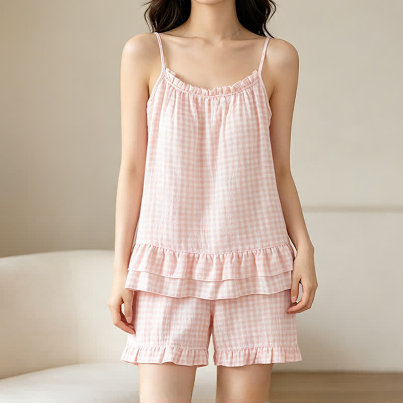Ensemble de vêtements d'intérieur en coton doux à carreaux vichy et à volants - image 1