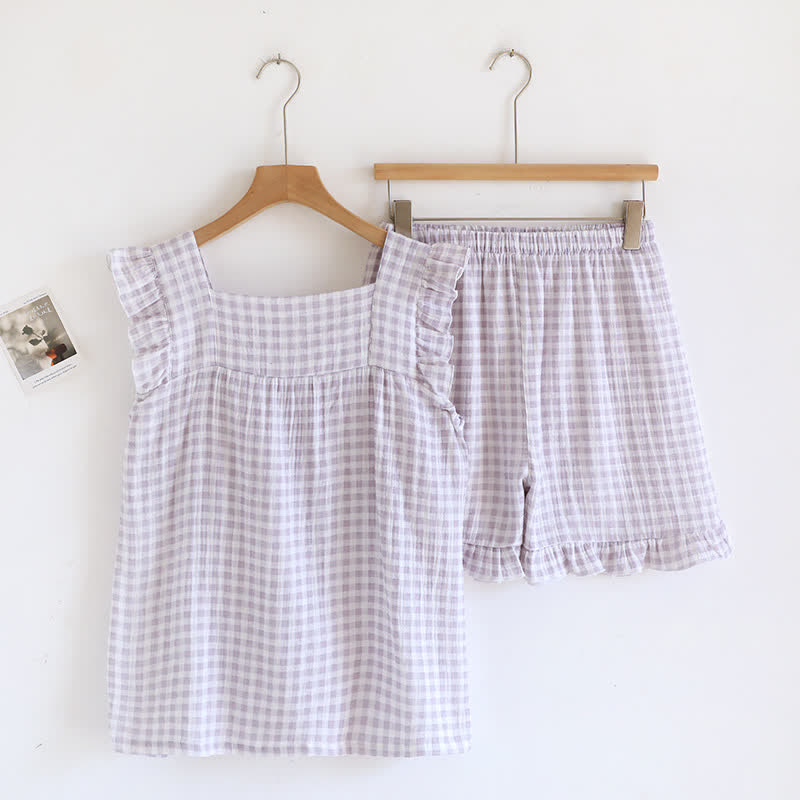 Ensemble pyjama en coton à manches volantées et carreaux vichy - image 6