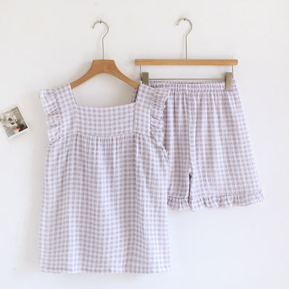 Ensemble pyjama en coton à manches volantées et carreaux vichy - image 6