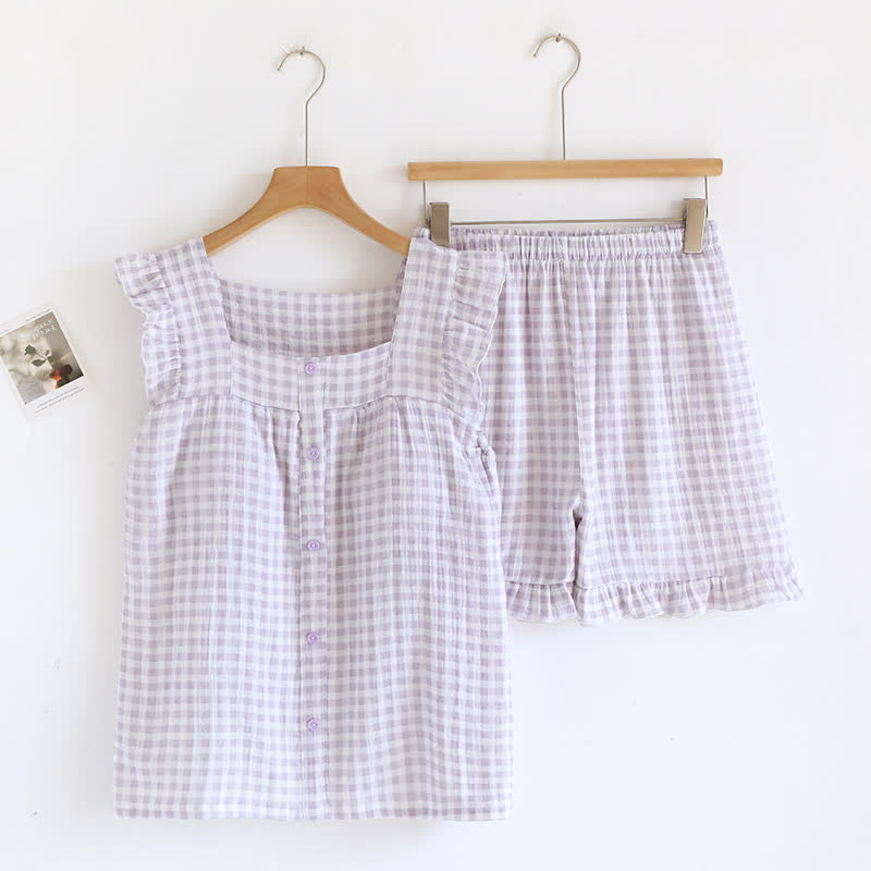 Ensemble pyjama en coton à manches volantées et carreaux vichy - Violet - XL - image 4