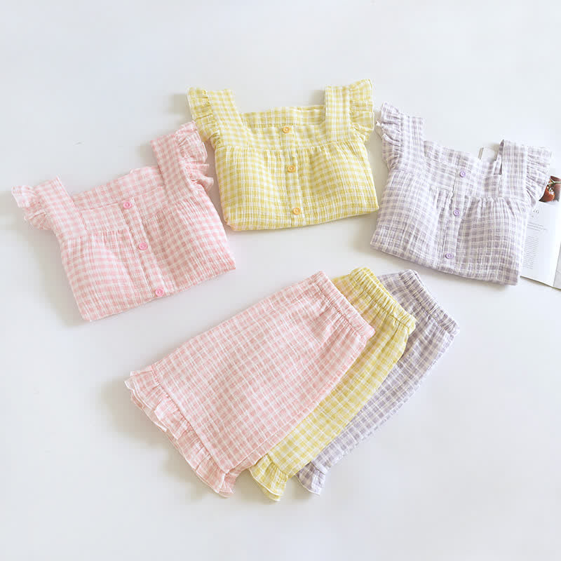 Ensemble pyjama en coton à manches volantées et carreaux vichy - image 1