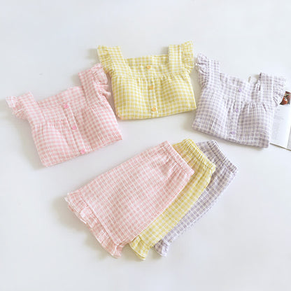 Ensemble pyjama en coton à manches volantées et carreaux vichy - image 1