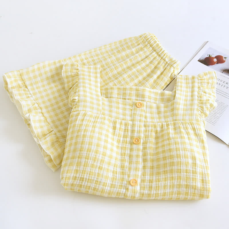 Ensemble pyjama en coton à manches volantées et carreaux vichy - image 3