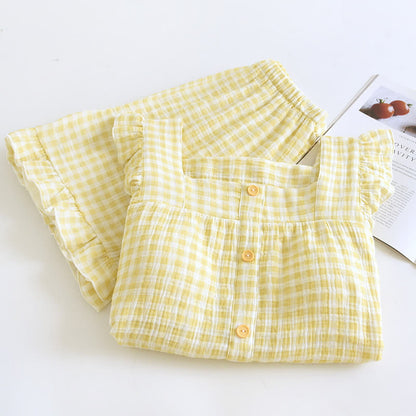 Ensemble pyjama en coton à manches volantées et carreaux vichy - image 3