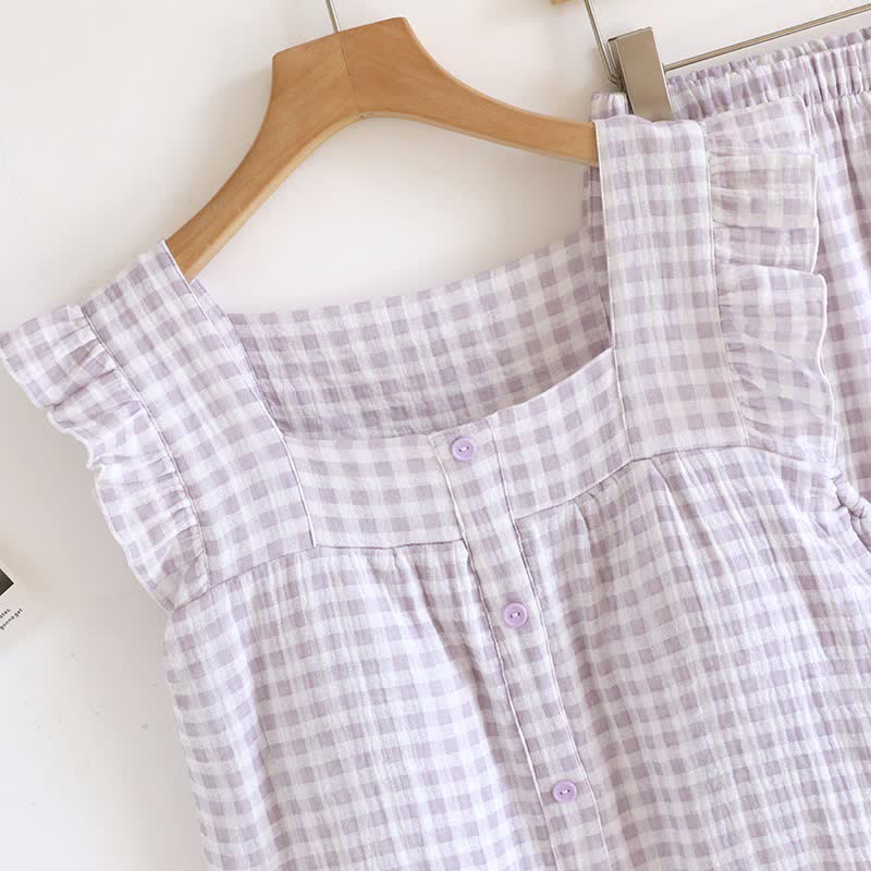 Ensemble pyjama en coton à manches volantées et carreaux vichy - image 7