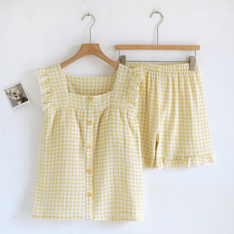 Ensemble pyjama en coton à manches volantées et carreaux vichy - Jaune - XL - image 2
