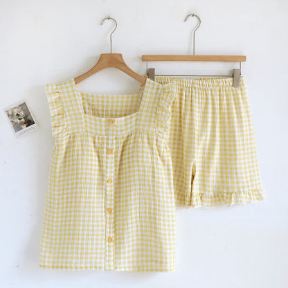 Ensemble pyjama en coton à manches volantées et carreaux vichy - Jaune - XL - image 2