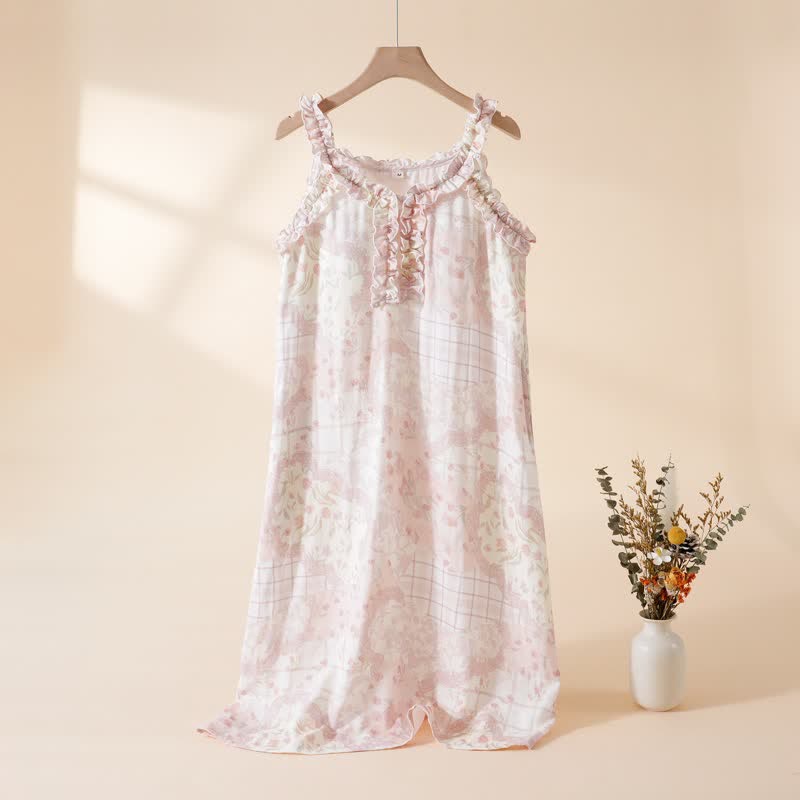 Chemise de nuit à col volanté et motif floral en coton de bambou - Rose - XL - image 0