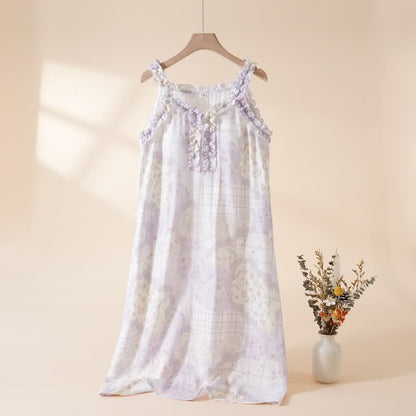 Chemise de nuit à col volanté et motif floral en coton de bambou - Violet - XL - image 4