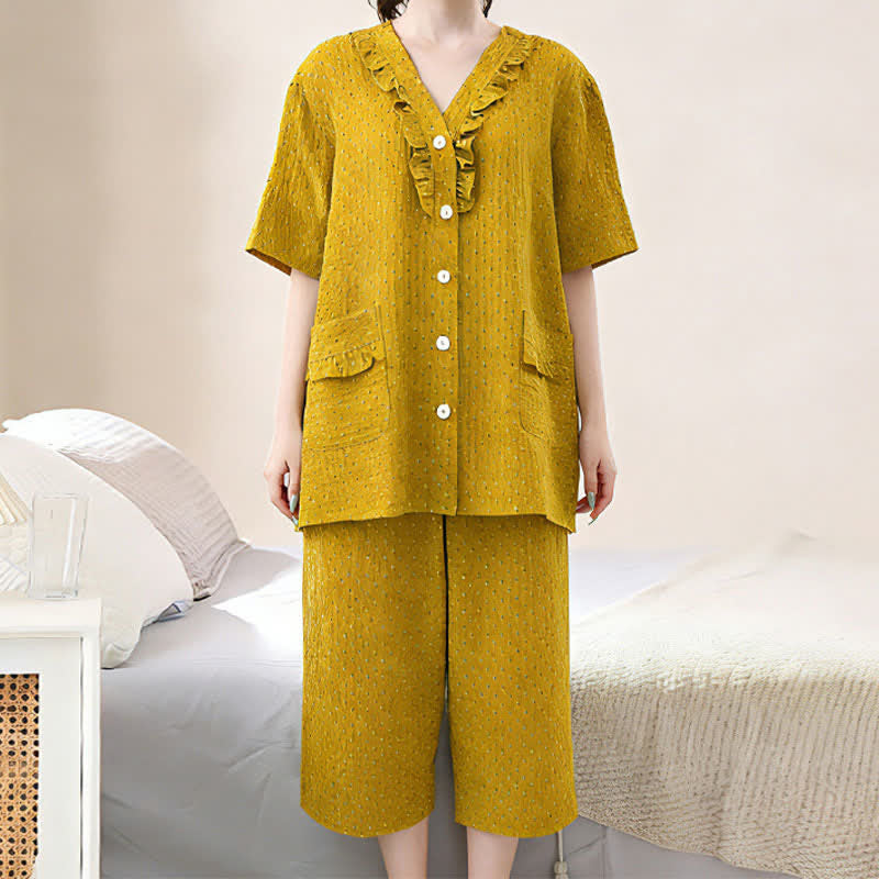 Ensemble de vêtements d'intérieur en coton couleur moutarde avec volants - image 1