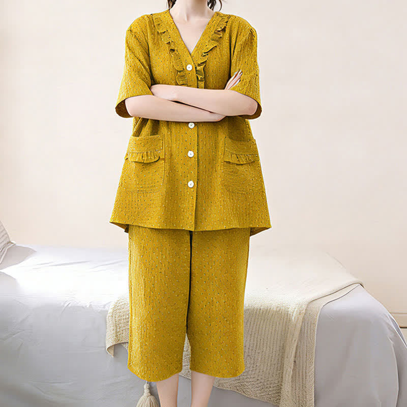 Ensemble de vêtements d'intérieur en coton couleur moutarde avec volants - image 2