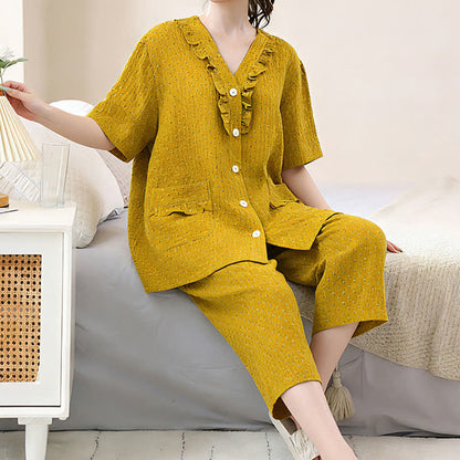 Ensemble de vêtements d'intérieur en coton couleur moutarde avec volants - image 3