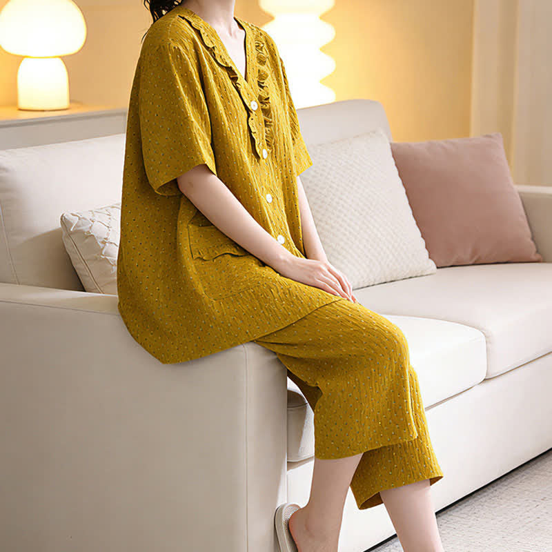 Ensemble de vêtements d'intérieur en coton couleur moutarde avec volants - image 5