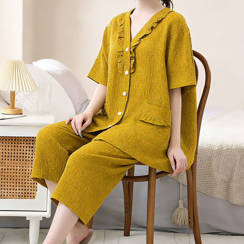 Ensemble de vêtements d'intérieur en coton couleur moutarde avec volants - image 4