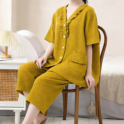 Ensemble de vêtements d'intérieur en coton couleur moutarde avec volants - image 4