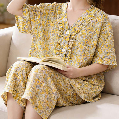 Ensemble de vêtements d'intérieur en coton jaune à motifs floraux et à volants - image 2