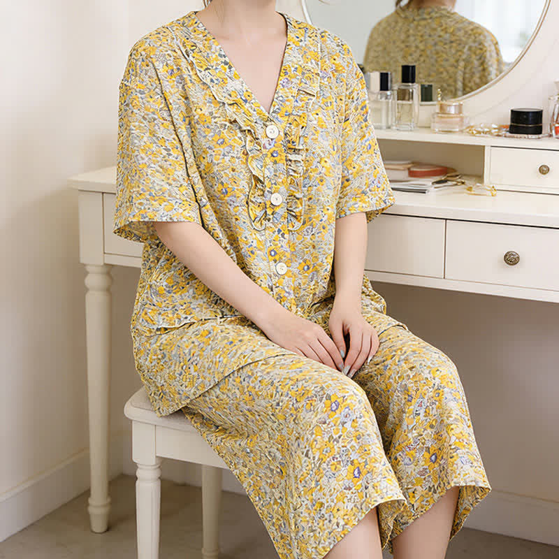 Ensemble de vêtements d'intérieur en coton jaune à motifs floraux et à volants - image 1
