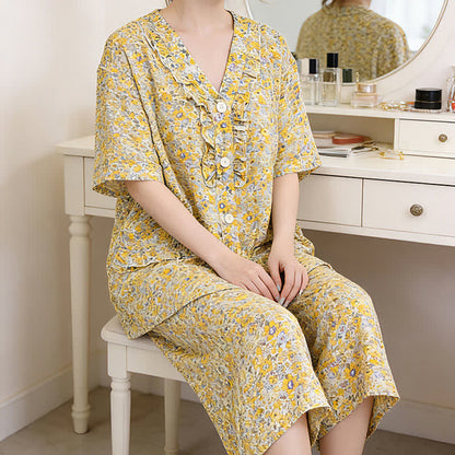 Ensemble de vêtements d'intérieur en coton jaune à motifs floraux et à volants - image 1
