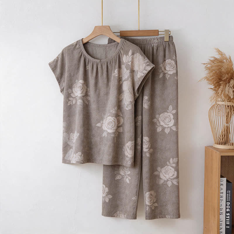 Ensemble pyjama rétro en coton à motifs floraux - Gris clair - 3XL - image 0