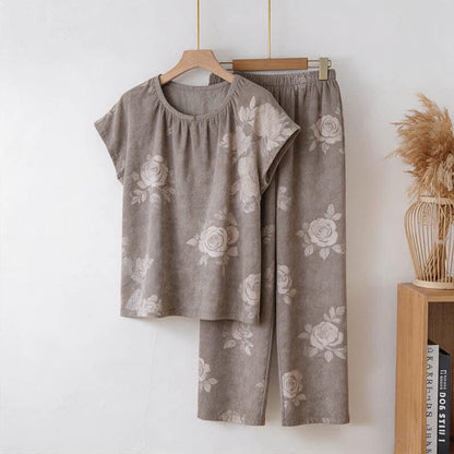 Ensemble pyjama rétro en coton à motifs floraux - Gris clair - 3XL - image 0