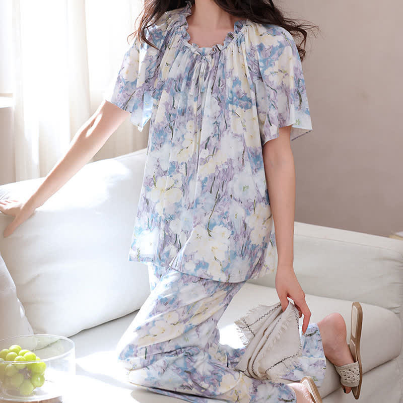 Ensemble pyjama en coton à motif floral aquarelle - image 1