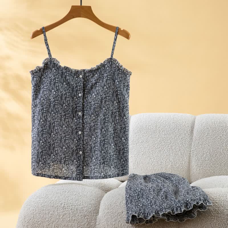 Pyjama femme en coton avec haut à volants et motif floral - image 1