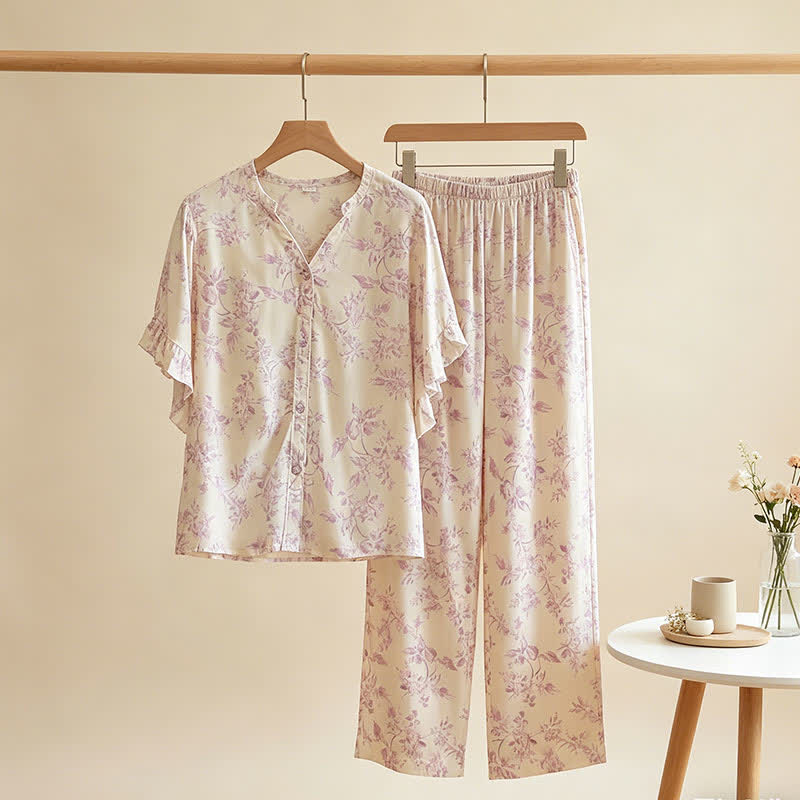 Ensemble de vêtements d'intérieur à motif floral lavande et manches à volants - image 1