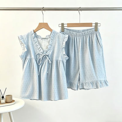 Pyjama sans manches pour femme à pois français et à volants - image 0