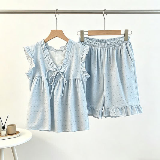 Pyjama sans manches pour femme à pois français et à volants - image 0