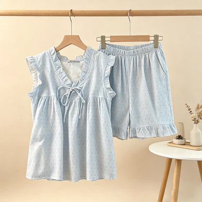 Pyjama sans manches pour femme à pois français et à volants - image 1