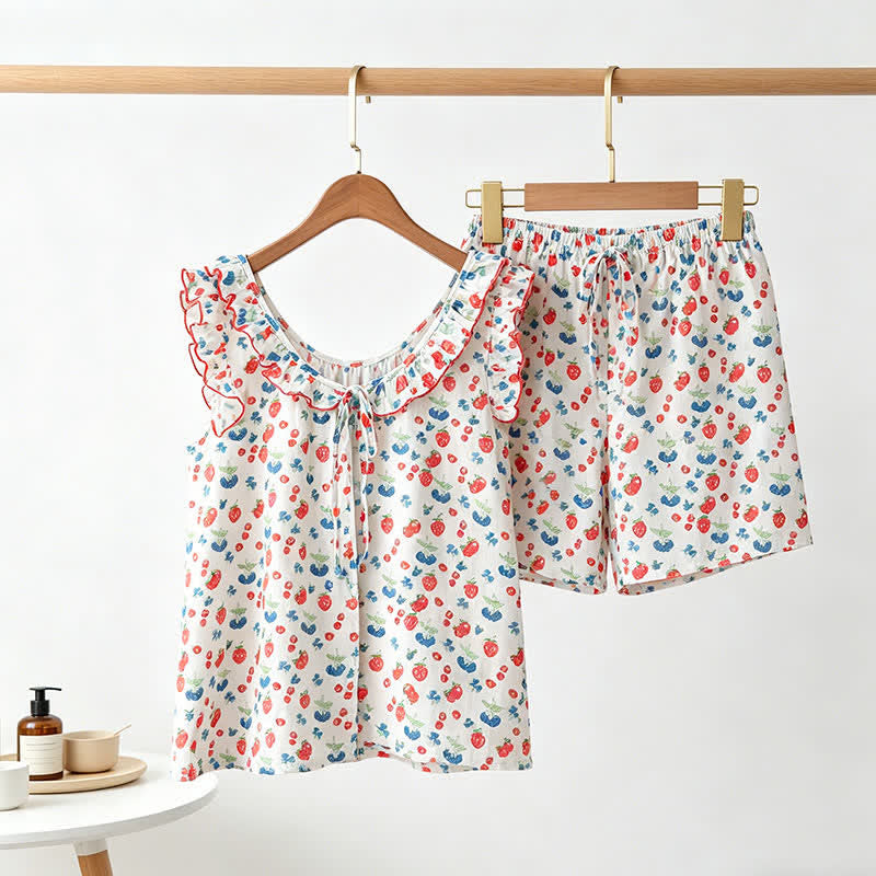 Pyjama pour femme en gaze de coton à volants et motifs de fruits - Blanc - M - image 0