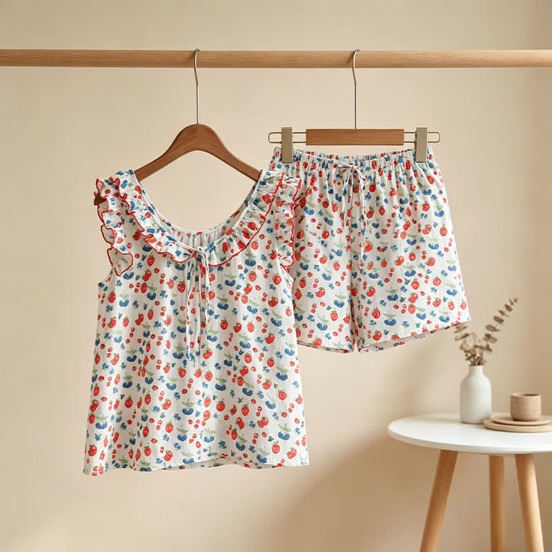 Pyjama pour femme en gaze de coton à volants et motifs de fruits - image 1