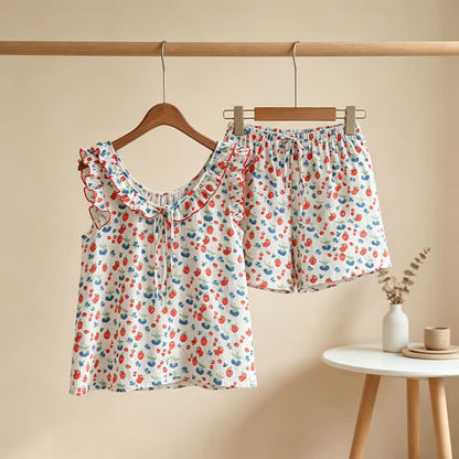 Pyjama pour femme en gaze de coton à volants et motifs de fruits - image 1