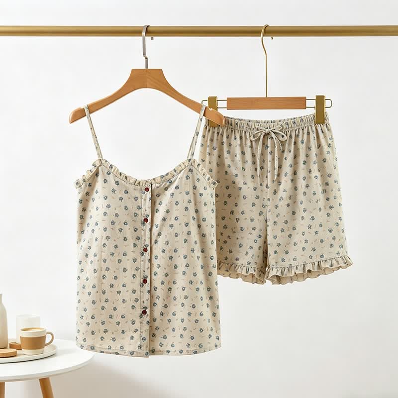 Pyjama bleu en coton pour femme, à motifs floraux et à volants - image 2