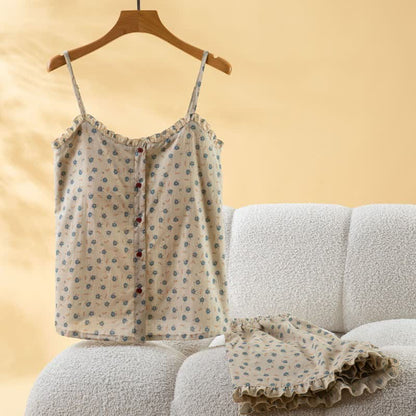Pyjama bleu en coton pour femme, à motifs floraux et à volants - image 1