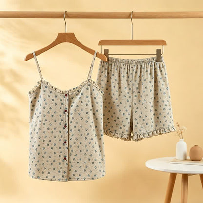 Pyjama bleu en coton pour femme, à motifs floraux et à volants - image 0