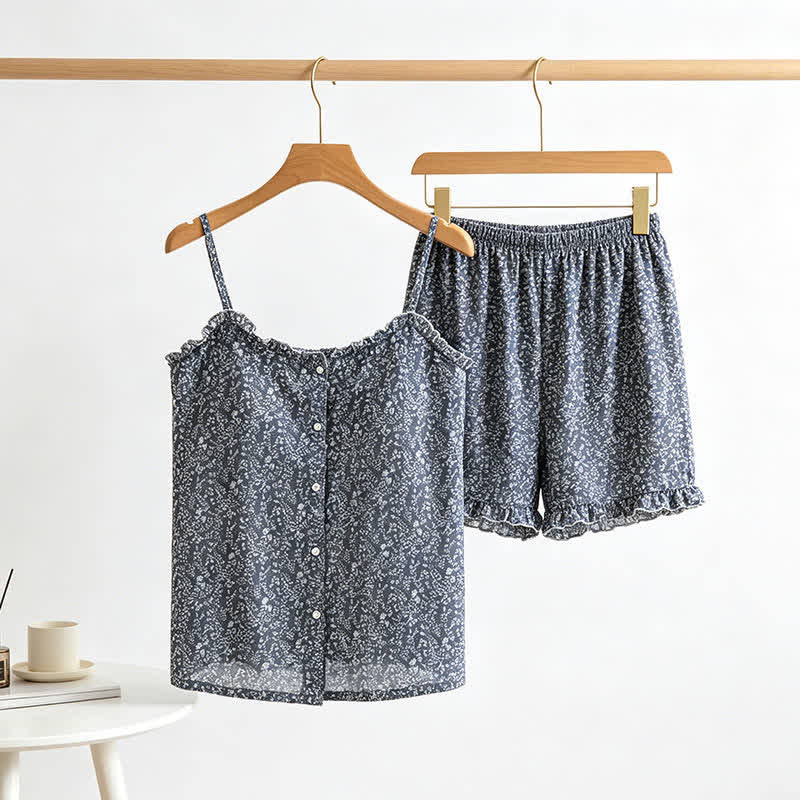 Pyjama femme en coton avec haut à volants et motif floral - image 2
