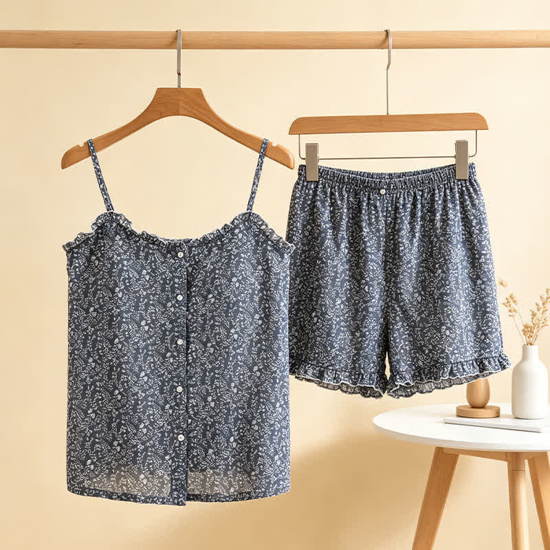 Pyjama femme en coton avec haut à volants et motif floral - image 0