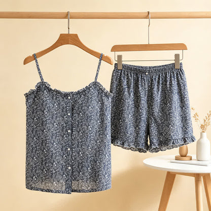 Pyjama femme en coton avec haut à volants et motif floral - image 0