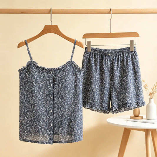 Pyjama femme en coton avec haut à volants et motif floral - image 0