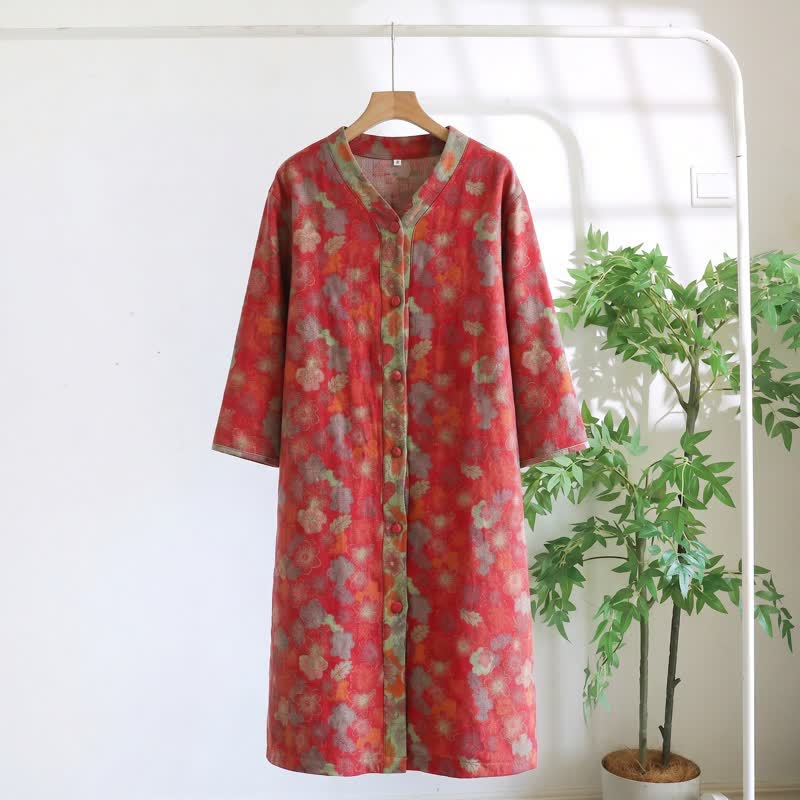 Robe d'intérieur vintage en gaze de coton à motif floral - Rouge - XL - image 5