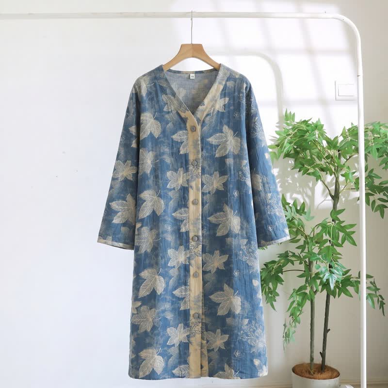 Chemise de nuit en gaze de coton à motif de feuilles bleues - Bleu - XL - image 0