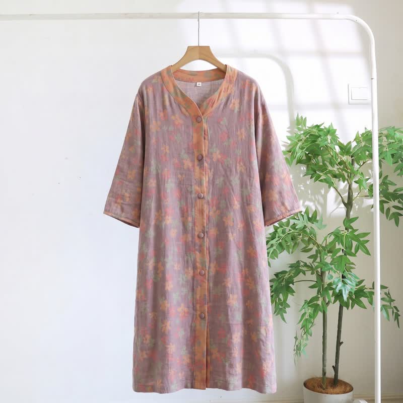 Robe d'intérieur violette à fleurs en gaze de coton - Violet - XL - image 0