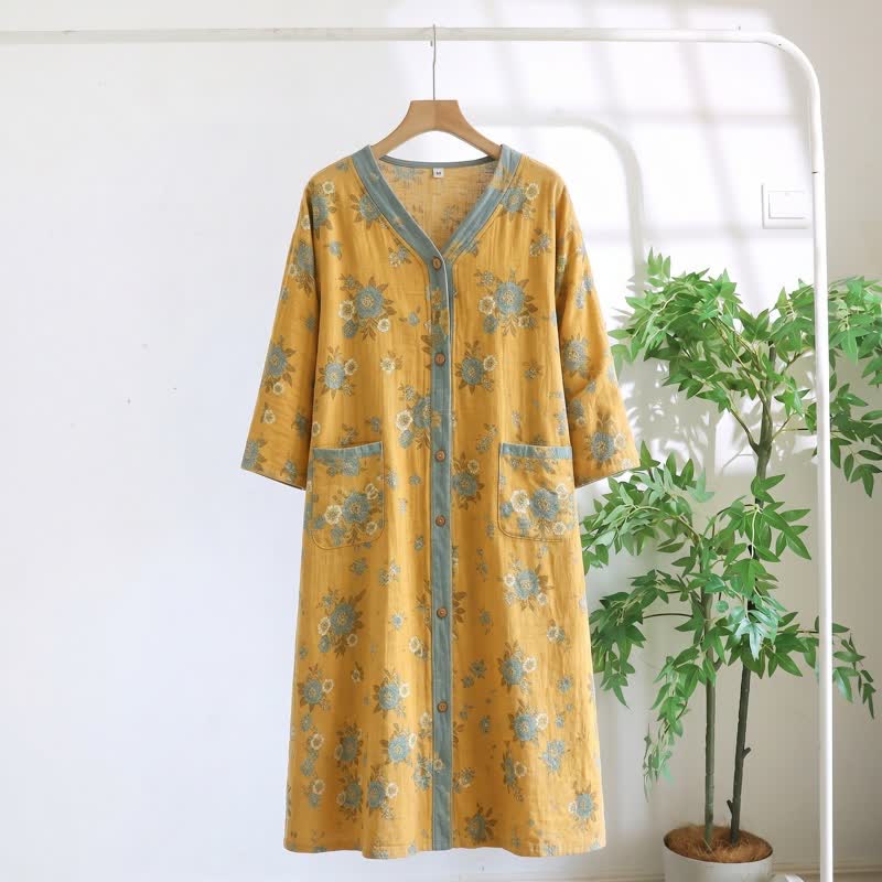 Robe d'intérieur jaune en coton à motif floral - Jaune - 5XL - image 0