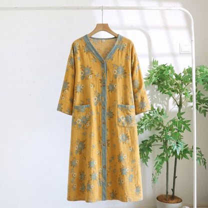 Robe d'intérieur jaune en coton à motif floral - Jaune - 5XL - image 0