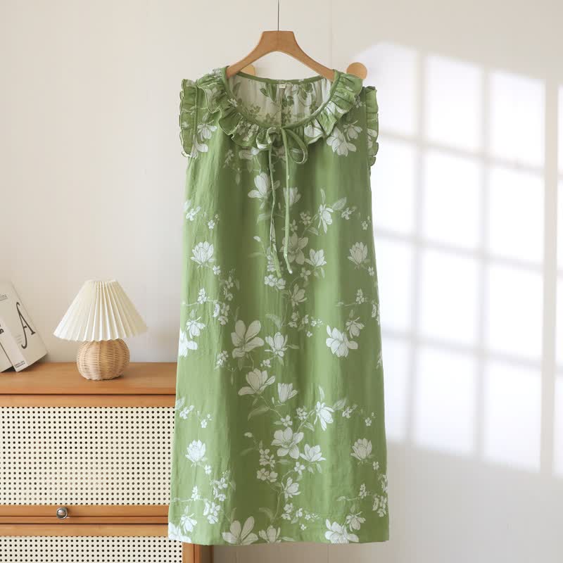 Chemise de nuit verte en coton à fleurs et à volants - Vert - XL - image 0